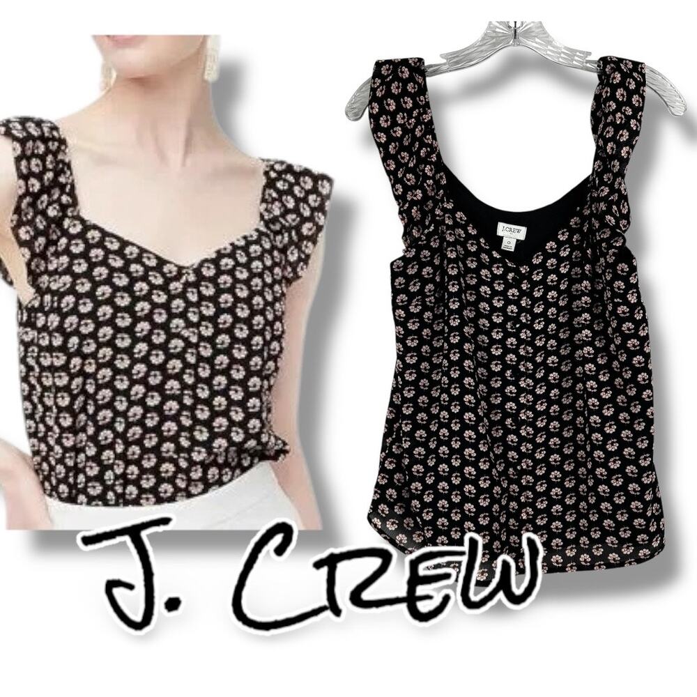 J Crew Ruffle Sleeveless Button Front Floral Black Blouse Coquette Womens Size 0